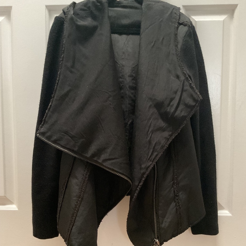 Wool Asymmetrical Black Jacket with Hood